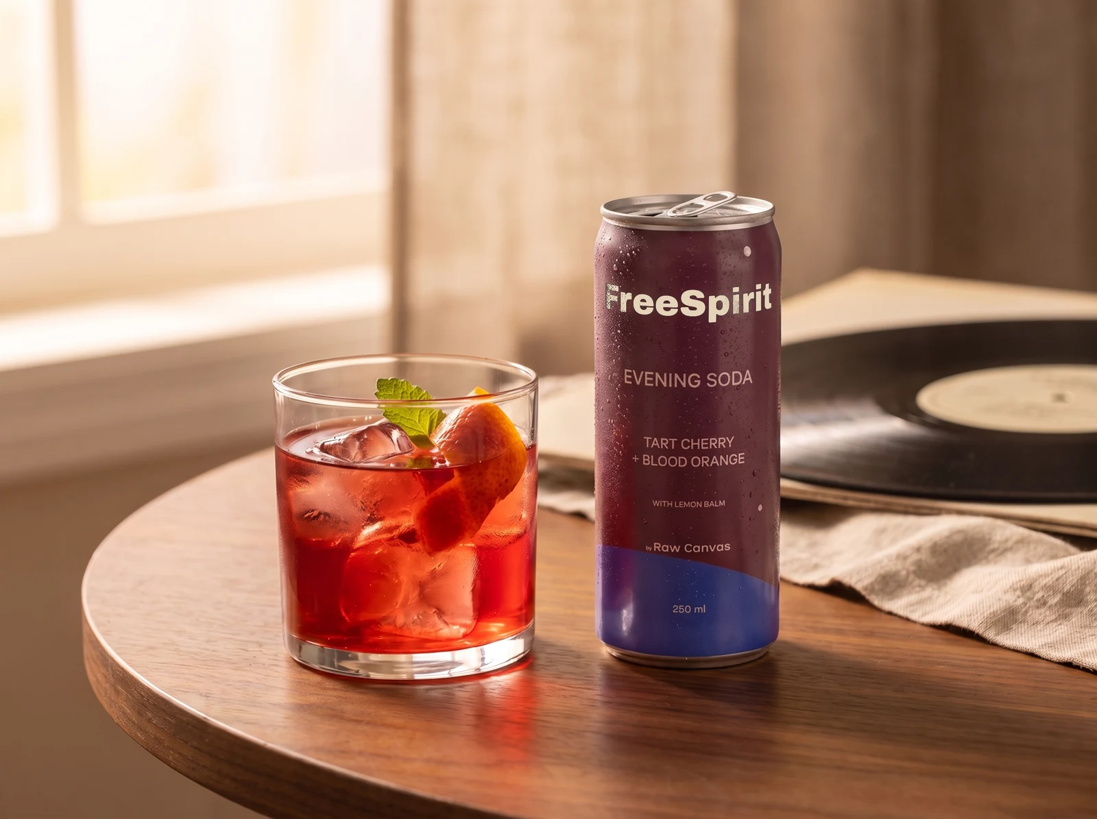 FreeSpirit Evening Soda can beside a ruby cherry drink over ice