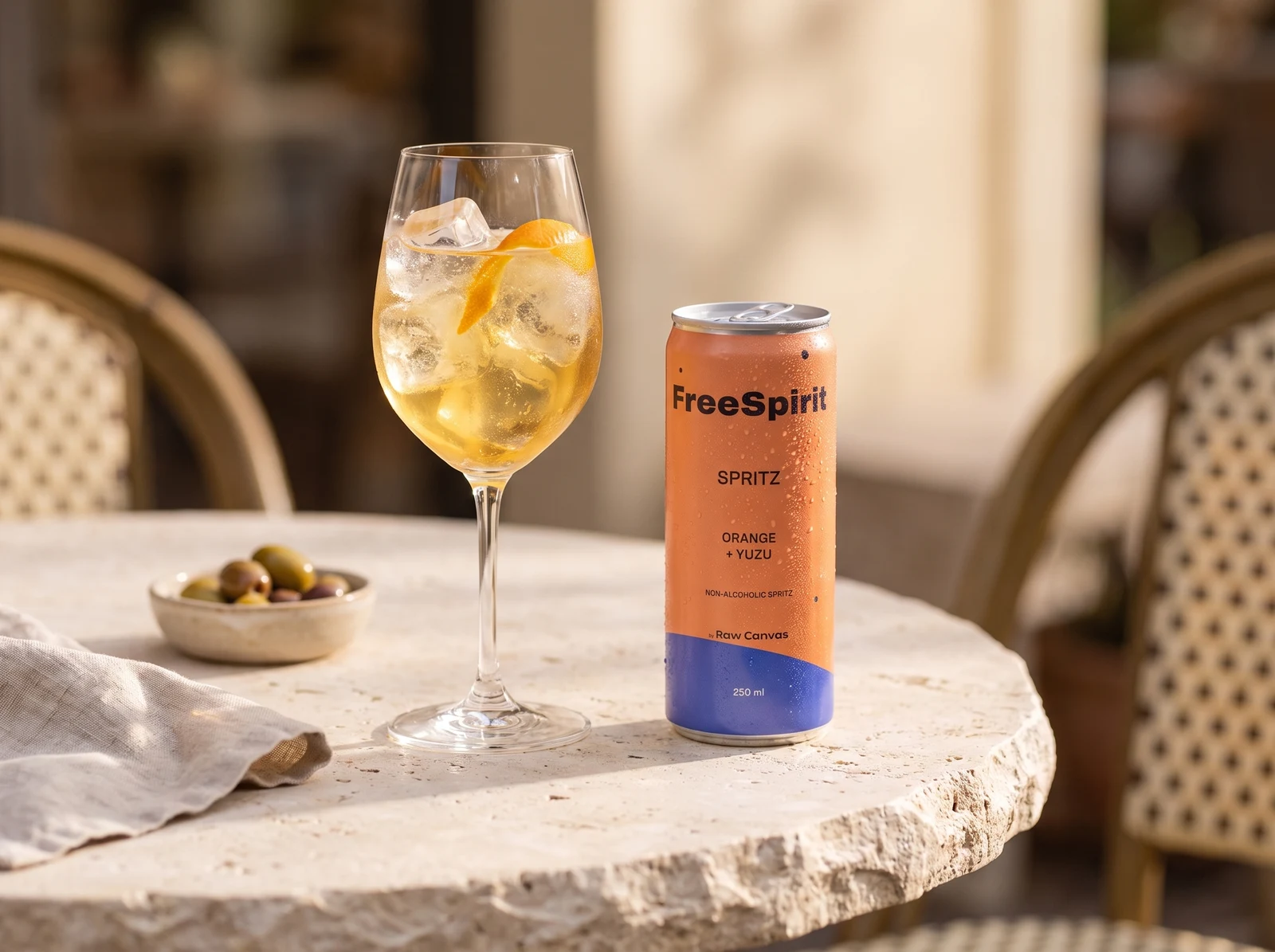 FreeSpirit Spritz can beside a golden citrus drink over ice with an orange twist