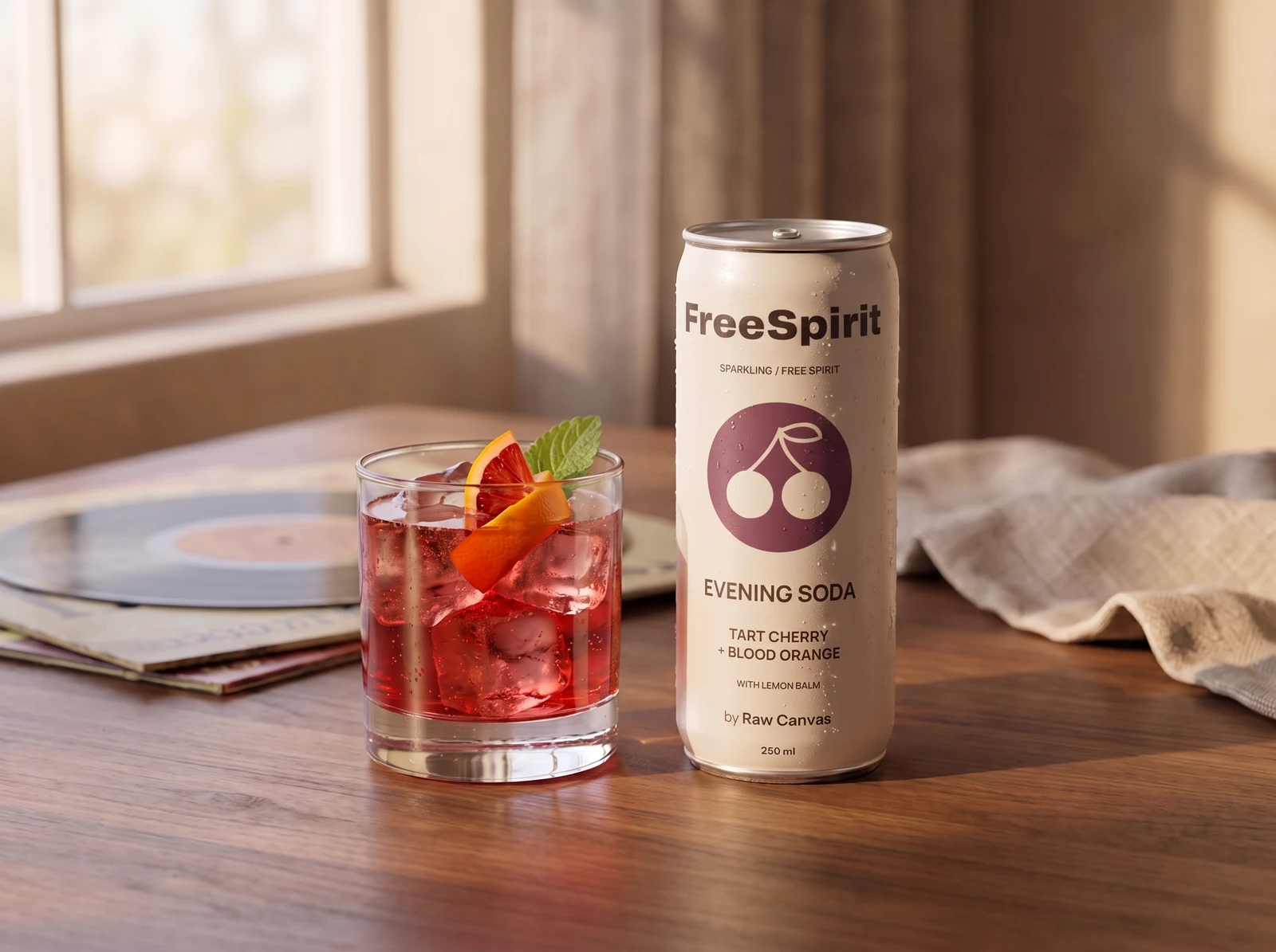FreeSpirit Evening Soda can beside a ruby cherry drink over ice