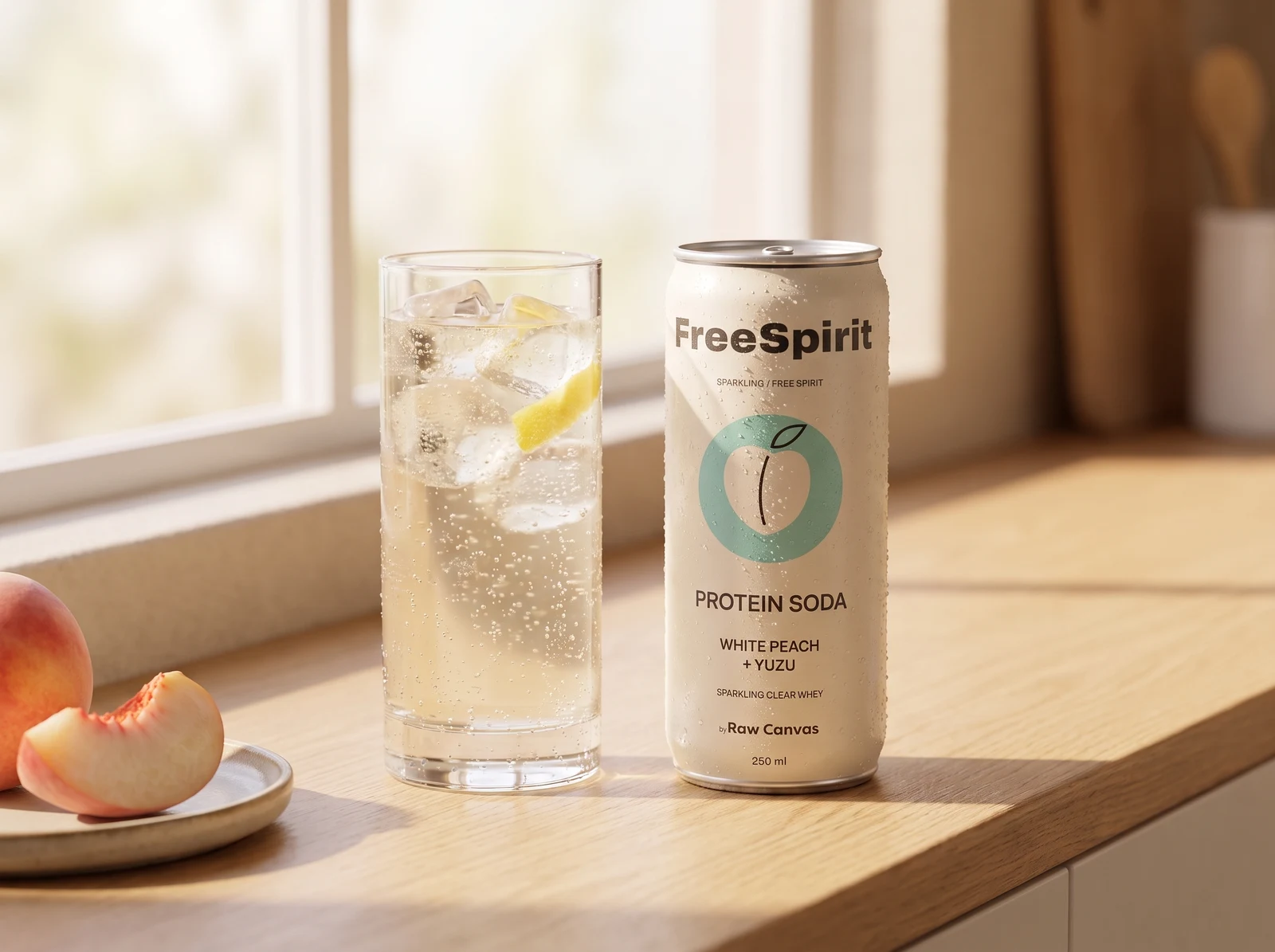 FreeSpirit Protein Soda can beside a clear pale sparkling drink in a highball glass