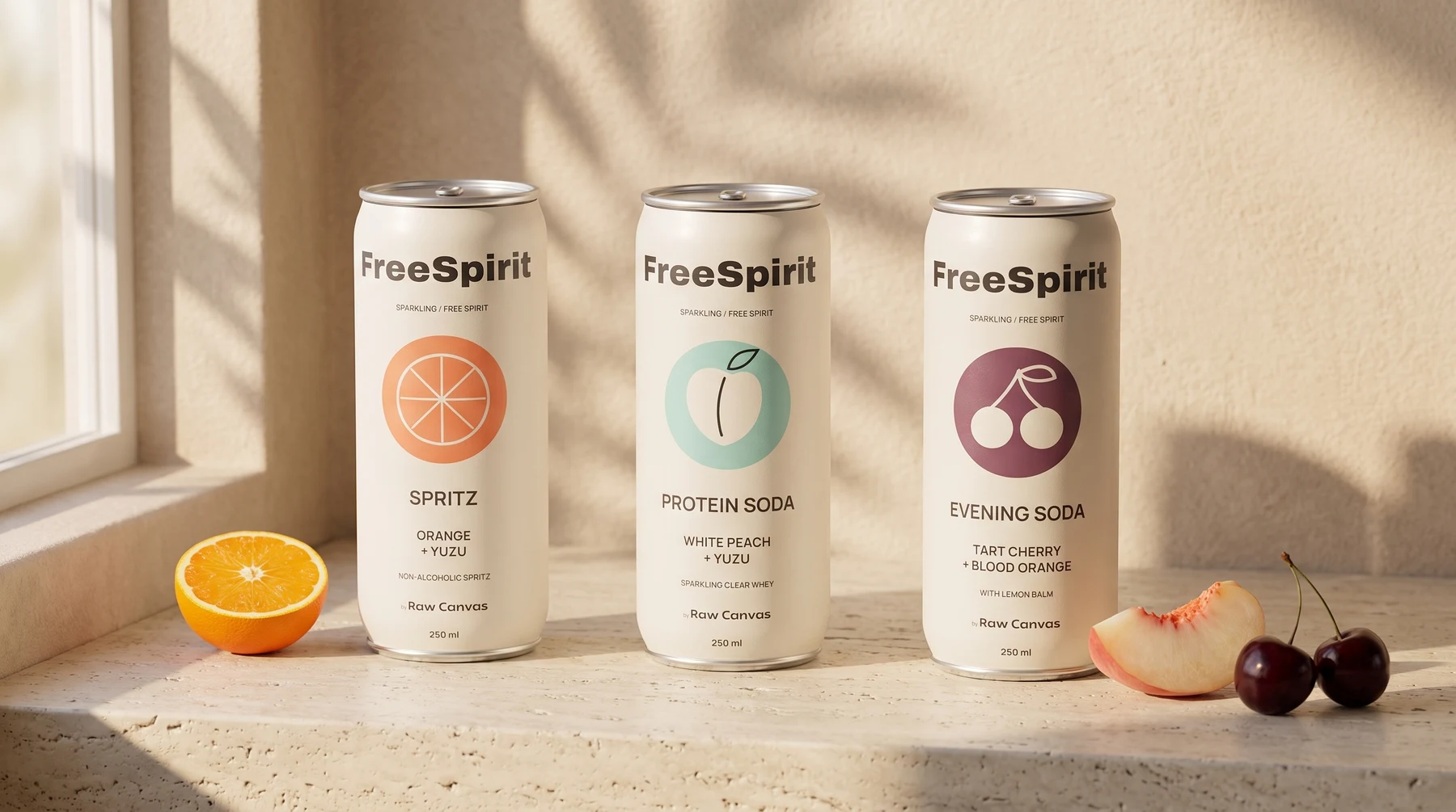 Three FreeSpirit cans in the selected packaging design