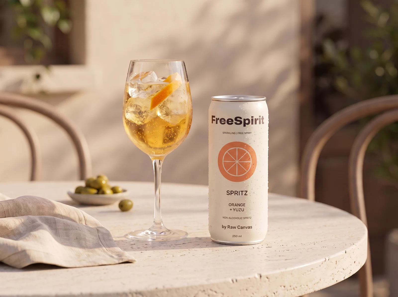 FreeSpirit Spritz can beside a golden citrus drink over ice with an orange twist