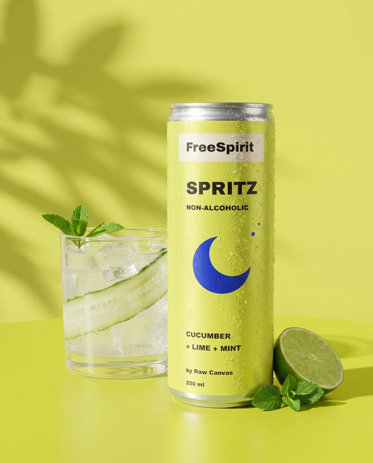 Citron FreeSpirit cucumber, lime and mint can beside a pale sparkling drink, lime and fresh mint