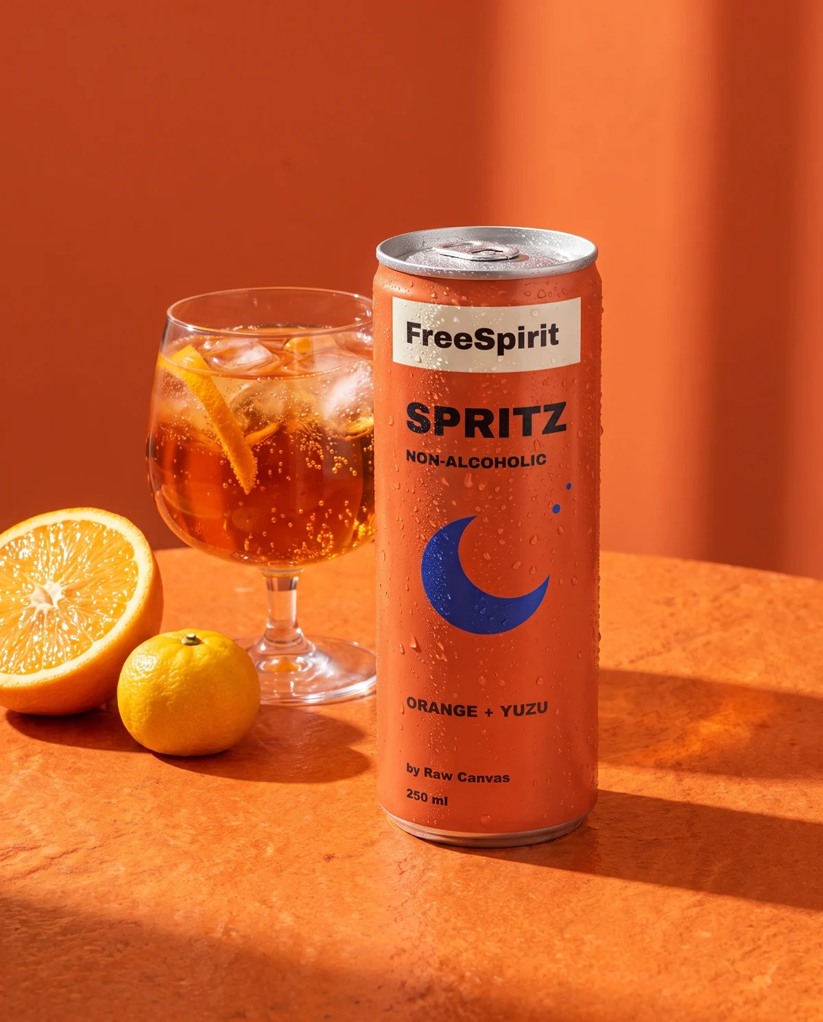 Orange FreeSpirit can beside an orange spritz served over ice with citrus