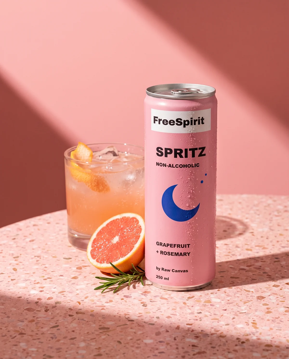 Pink FreeSpirit grapefruit and rosemary can with a pale pink sparkling serve and grapefruit