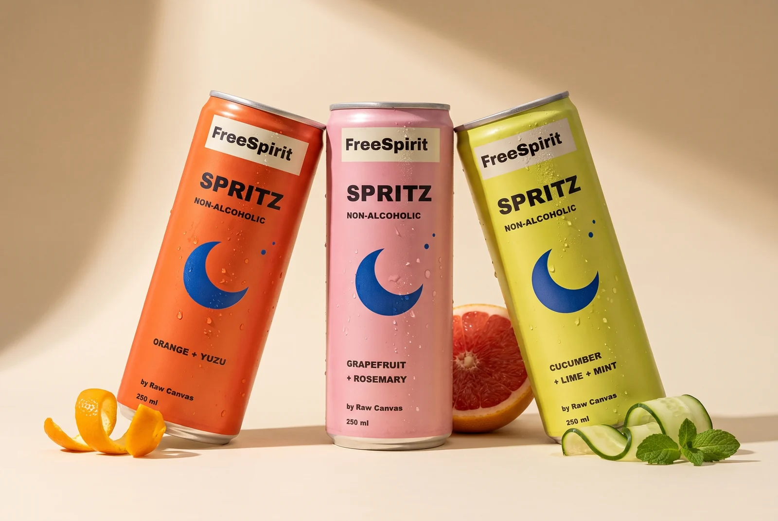The FreeSpirit starting range: orange, pink and citron cans with shared branding, produced by Raw Canvas