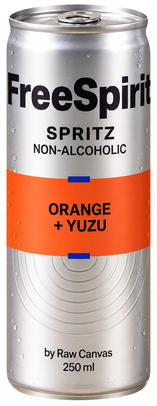 FreeSpirit Orange + Yuzu in a silver 250 ml can with a coloured flavour band and concentric ripple detail
