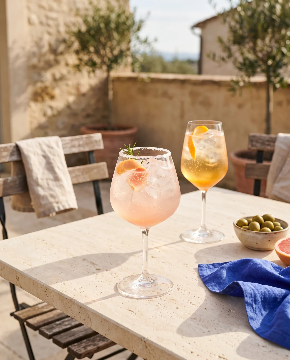 Two sparkling drinks over ice on a sunlit terrace
