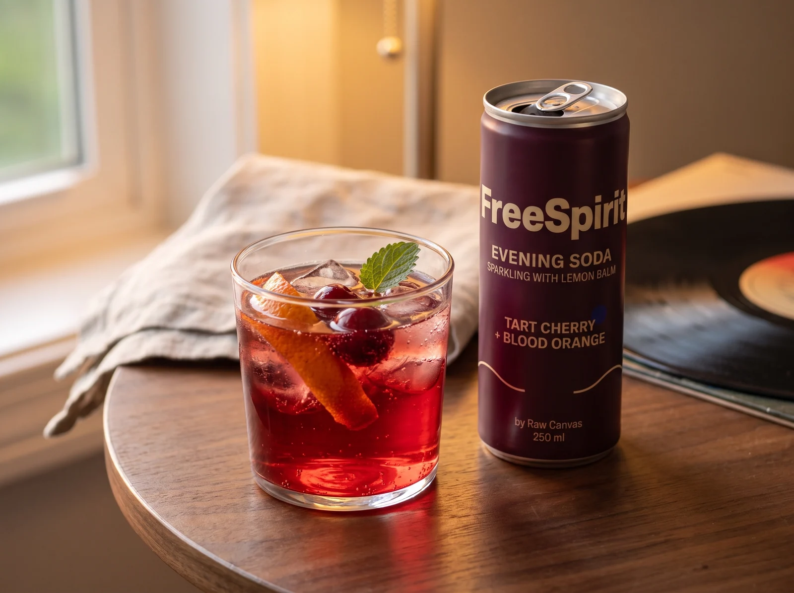 Plum FreeSpirit Evening Soda can beside a ruby cherry drink over ice with a blood-orange twist