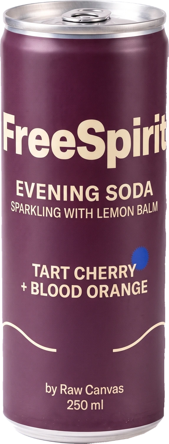 FreeSpirit Tart Cherry + Blood Orange Evening Soda in a plum printed aluminium can