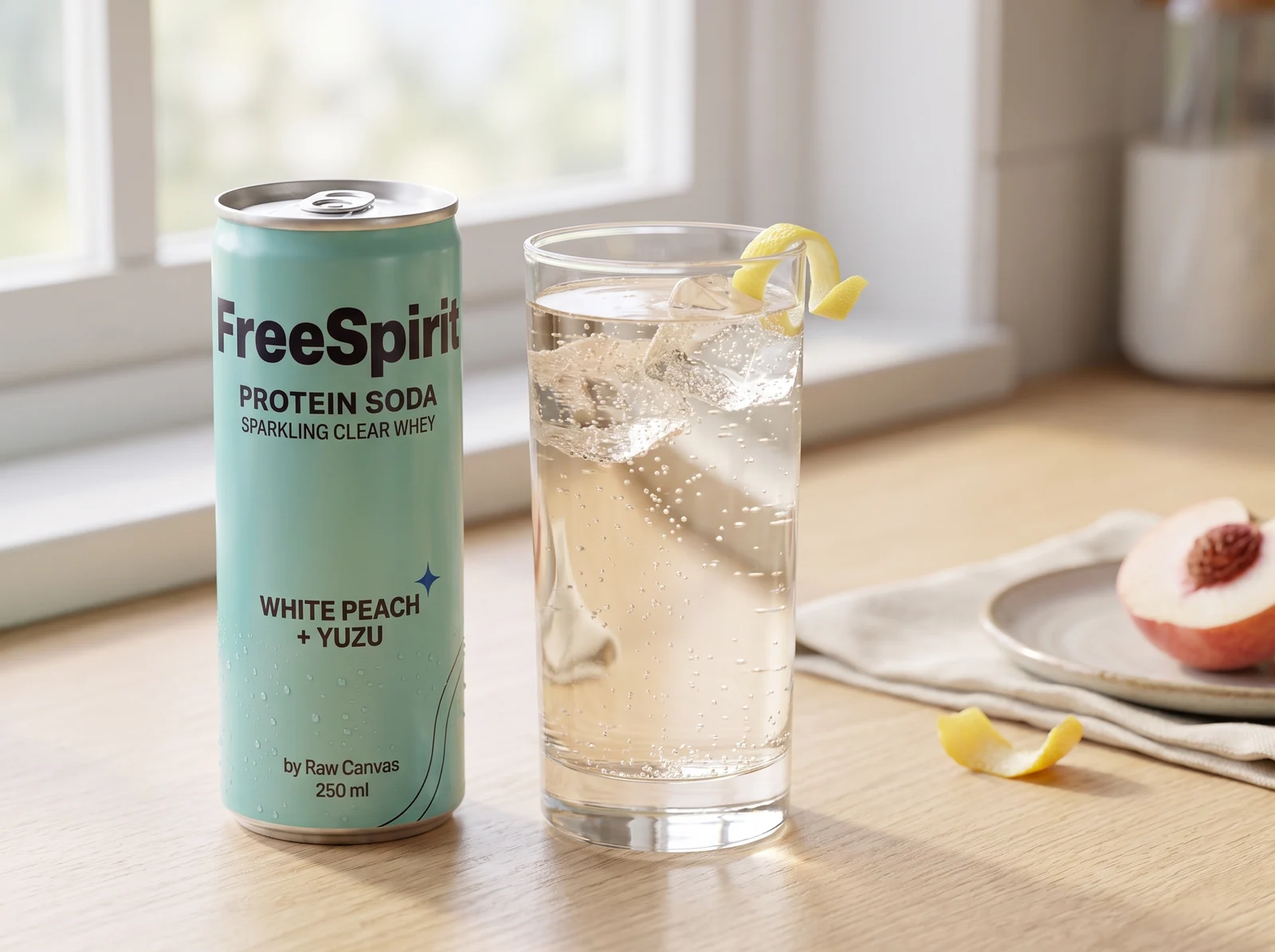 Aqua FreeSpirit Protein Soda can beside a clear pale drink in a chilled highball glass