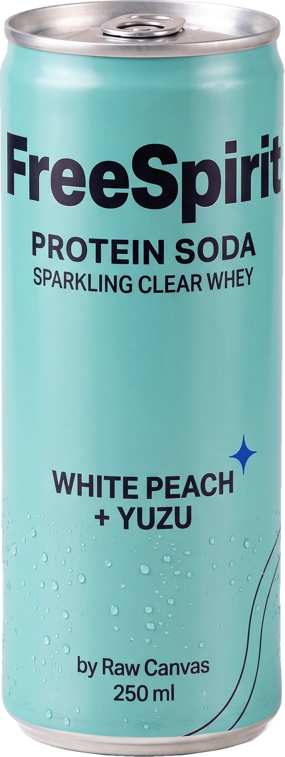 FreeSpirit White Peach + Yuzu Protein Soda in an aqua printed aluminium can