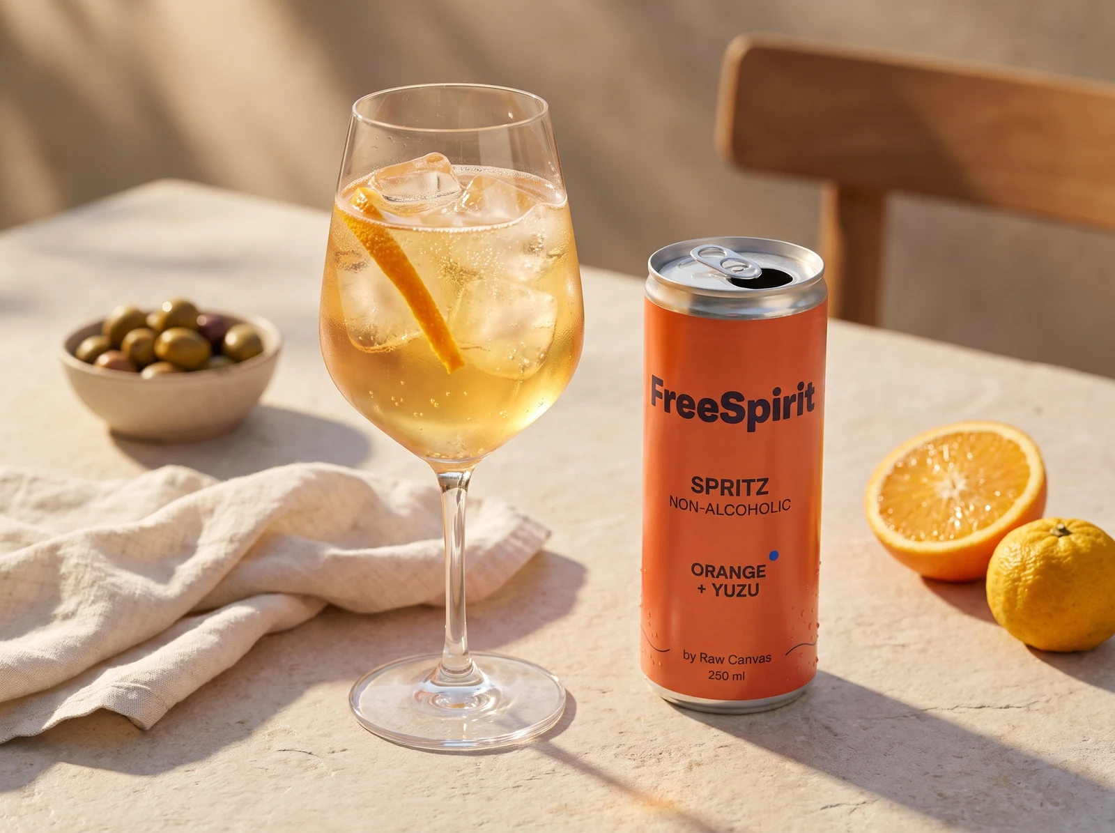Orange FreeSpirit Spritz can beside a golden-orange drink over ice with an orange twist